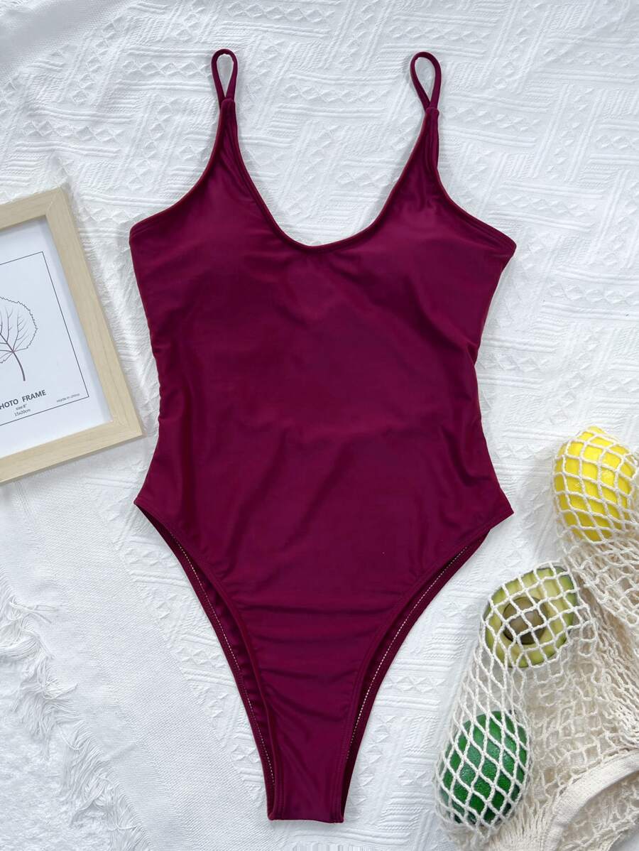 Traje de baño de una pieza con espalda descubierta y pernera alta para vacaciones de verano en la playa - Granate - Ver 1