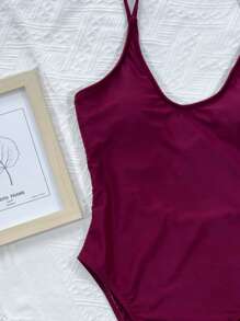 Traje de baño de una pieza con espalda descubierta y pernera alta para vacaciones de verano en la playa - Granate - Ver 4