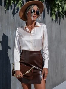 素色緞面襯衫和PU皮革開衩半身裙 - 彩色 - 查看 1