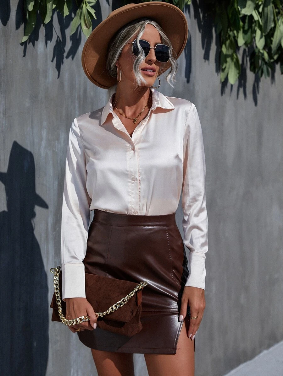 素色緞面襯衫和PU皮革開衩半身裙 - 彩色 - 查看 1