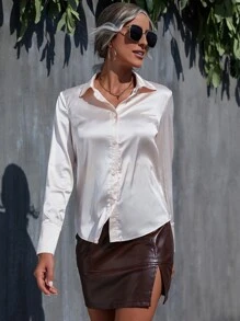 素色緞面襯衫和PU皮革開衩半身裙 - 彩色 - 查看 7