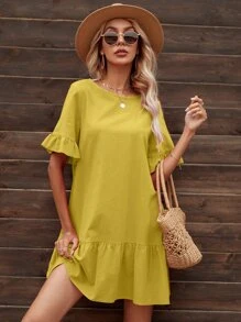 SHEIN VCAY 素色荷葉邊下擺娃娃裙 - 黃色 - 查看 1