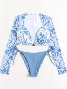 Swim SXY 夏季海滩大理石纹印花比基尼套装长袖罩杯细节上衣和系带下装 2 件比基尼 - 藍白色 - 查看 6