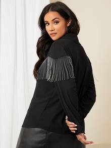 SHEIN Plus Fringe Detail Button Front Shirt - Black - View 2