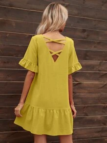 SHEIN VCAY 素色荷葉邊下擺娃娃裙 - 黃色 - 查看 2