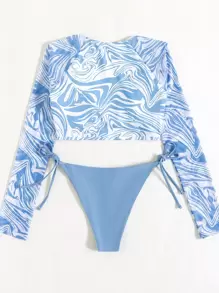 Swim SXY 夏季海滩大理石纹印花比基尼套装长袖罩杯细节上衣和系带下装 2 件比基尼 - 藍白色 - 查看 2