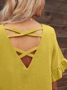 SHEIN VCAY 素色荷葉邊下擺娃娃裙 - 黃色 - 查看 3