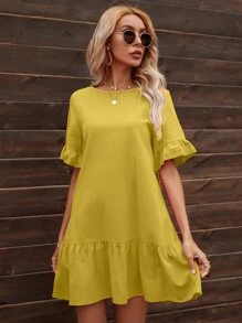 SHEIN VCAY 素色荷葉邊下擺娃娃裙 - 黃色 - 查看 4