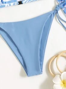 Swim SXY 夏季海滩大理石纹印花比基尼套装长袖罩杯细节上衣和系带下装 2 件比基尼 - 藍白色 - 查看 4