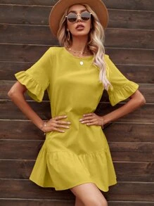 SHEIN VCAY 素色荷葉邊下擺娃娃裙 - 黃色 - 查看 6