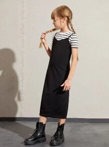 SHEIN Bộ hai mảnh Gái Chia Sọc Ăn mặc đẹp - Đen và trắng - Xem 1