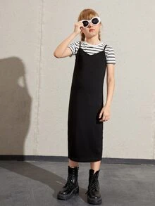 SHEIN Bộ hai mảnh Gái Chia Sọc Ăn mặc đẹp - Đen và trắng - Xem 3