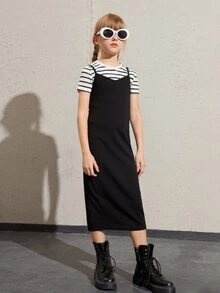 SHEIN Bộ hai mảnh Gái Chia Sọc Ăn mặc đẹp - Đen và trắng - Xem 4