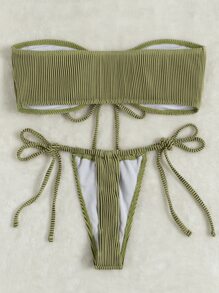 SHEIN Swim 羅紋比基尼套裝前繫帶抹胸文胸和丁字褲2入組泳衣 - 彩色 - 查看 2