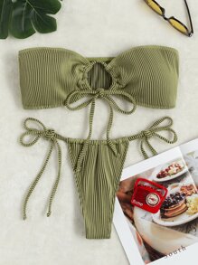 SHEIN Swim 羅紋比基尼套裝前繫帶抹胸文胸和丁字褲2入組泳衣 - 彩色 - 查看 4