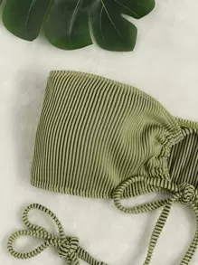 SHEIN Swim 羅紋比基尼套裝前繫帶抹胸文胸和丁字褲2入組泳衣 - 彩色 - 查看 5