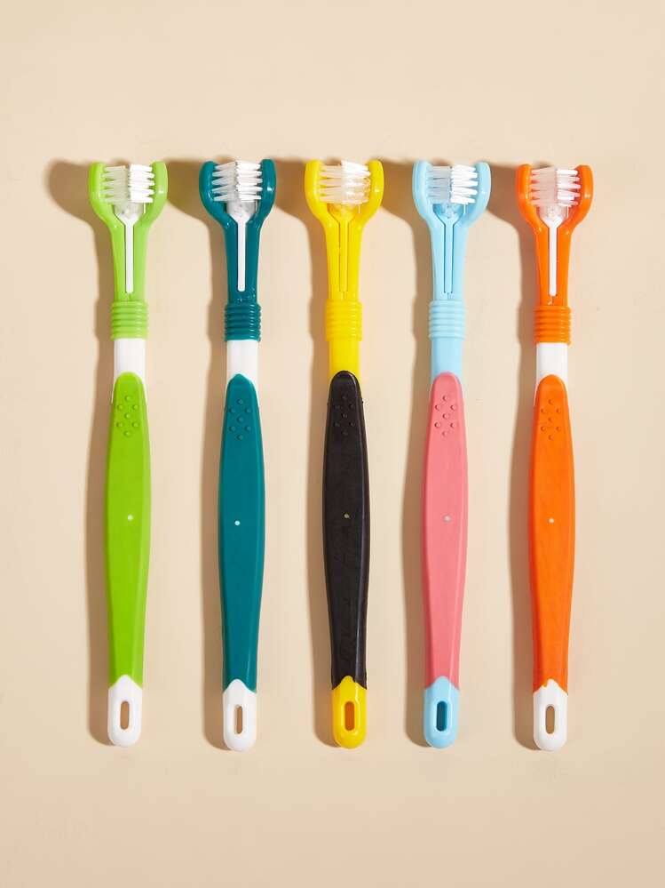 1pc Pet Toothbrush With 3-sided Brush Head, Random Color, Suitable For Cats And Dogs, Ideal For Pet Teeth Cleaning - Multicolor - View 1