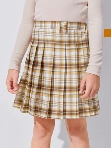 SHEIN 女孩百褶格紋半身裙