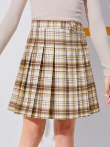 SHEIN 女孩百褶格紋半身裙