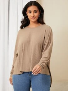 SHEIN LUNE Plus Drop Shoulder Rib-knit Tee - Khaki - View 2