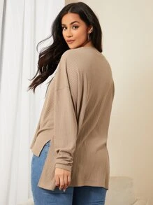 SHEIN LUNE Plus Drop Shoulder Rib-knit Tee - Khaki - View 3