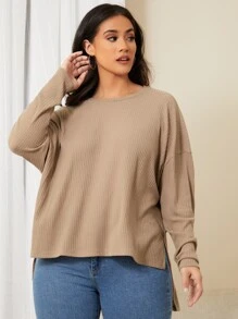 SHEIN LUNE Plus Drop Shoulder Rib-knit Tee - Khaki - View 5