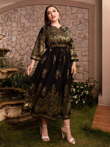 Plus Gold Floral Print Notched Neckline Dress - Multicolor - View 1