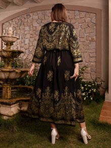 Plus Gold Floral Print Notched Neckline Dress - Multicolor - View 2