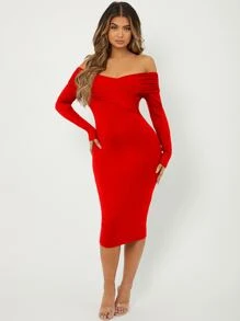 SHEIN Off Shoulder Bodycon Dress - Red - View 1