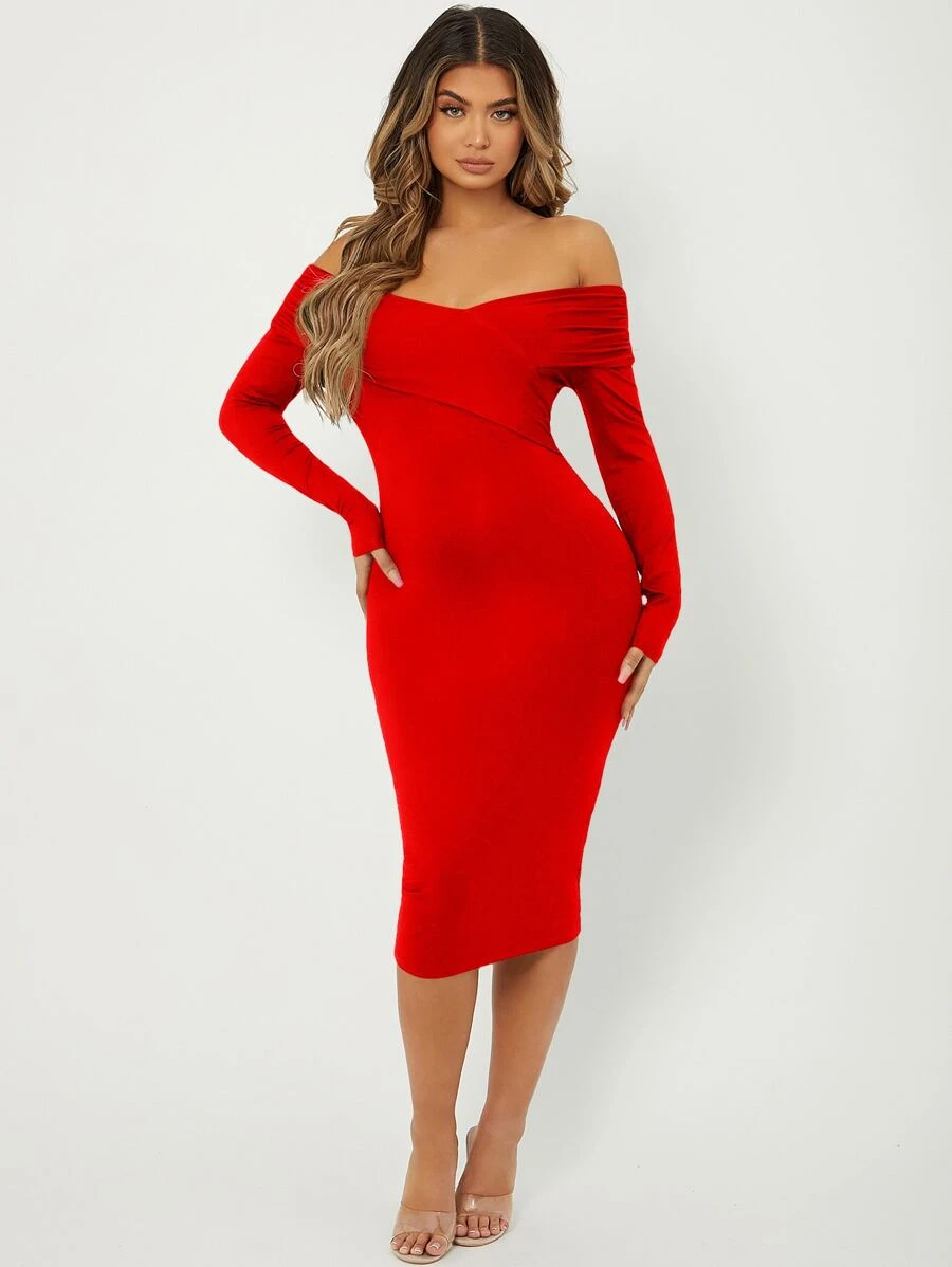 SHEIN Off Shoulder Bodycon Dress - Red - View 1