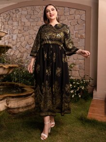 Plus Gold Floral Print Notched Neckline Dress - Multicolor - View 3