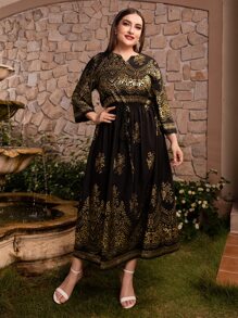 Plus Gold Floral Print Notched Neckline Dress - Multicolor - View 4