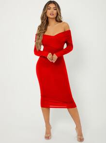 SHEIN Off Shoulder Bodycon Dress - Red - View 4