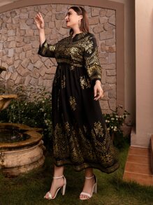 Plus Gold Floral Print Notched Neckline Dress - Multicolor - View 5