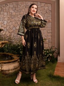 Plus Gold Floral Print Notched Neckline Dress - Multicolor - View 6