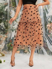 Frill Trim Heart Mesh Overlay Skirt - Apricot - View 1