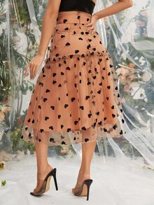 Frill Trim Heart Mesh Overlay Skirt - Apricot - View 2