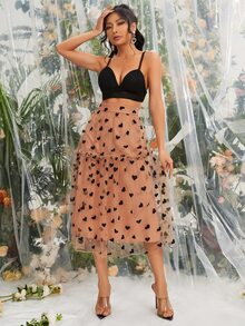 Frill Trim Heart Mesh Overlay Skirt - Apricot - View 4