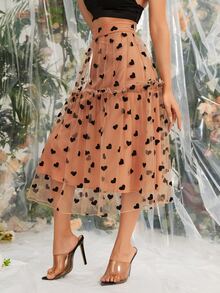 Frill Trim Heart Mesh Overlay Skirt - Apricot - View 5