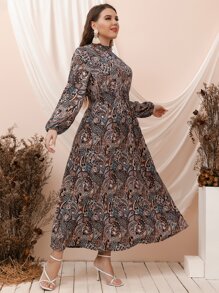 Mulvari Plus Paisley Print Lantern Sleeve Shirred Dress - Multicolor - View 1