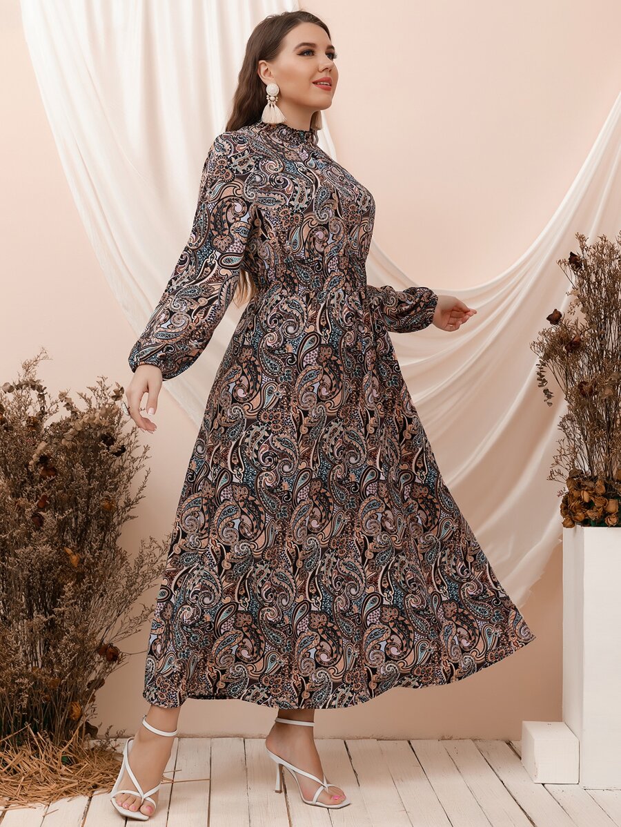 Mulvari Plus Paisley Print Lantern Sleeve Shirred Dress - Multicolor - View 1