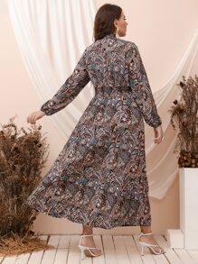 Mulvari Plus Paisley Print Lantern Sleeve Shirred Dress - Multicolor - View 2