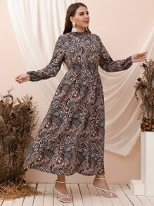 Mulvari Plus Paisley Print Lantern Sleeve Shirred Dress - Multicolor - View 3