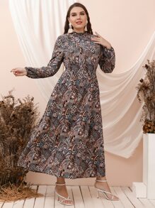 Mulvari Plus Paisley Print Lantern Sleeve Shirred Dress - Multicolor - View 4