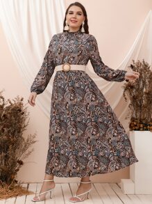 Mulvari Plus Paisley Print Lantern Sleeve Shirred Dress - Multicolor - View 5