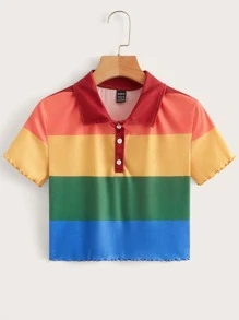 SHEIN 撞色前紐扣木耳邊T恤 - 彩色 - 查看 1