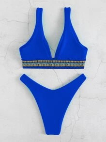 SHEIN Swim Conjunto de bikini estampado Sujetador sin mangas con ribete en contraste y traje de baño de 2 piezas con bottom de corte alto - azul real - Ver 2