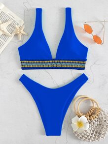 SHEIN Swim Conjunto de bikini estampado Sujetador sin mangas con ribete en contraste y traje de baño de 2 piezas con bottom de corte alto - azul real - Ver 3