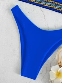 SHEIN Swim Conjunto de bikini estampado Sujetador sin mangas con ribete en contraste y traje de baño de 2 piezas con bottom de corte alto - azul real - Ver 5