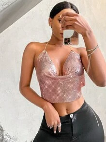 垂褶領露背金屬質感鏈條繞頸上衣 - 藕粉色 - 查看 1